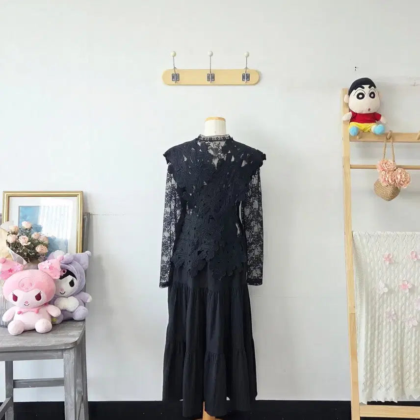 [BUNJANG] Vintage Black Flower Long Dress / 빈티지 만원샵 블랙 플라워 롱 원피스
