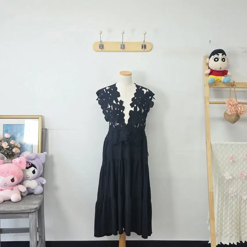[BUNJANG] Vintage Black Flower Long Dress / 빈티지 만원샵 블랙 플라워 롱 원피스