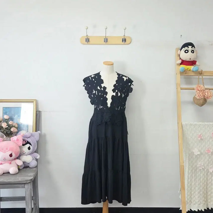 [BUNJANG] Vintage Black Flower Long Dress / 빈티지 만원샵 블랙 플라워 롱 원피스