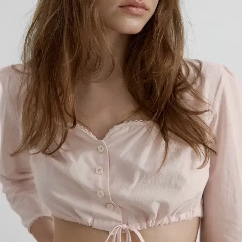 [BUNJANG] Overdue Flare Cotton Crop Blouse Baby Pink / 오버듀플레어 코튼 크롭 블라우스 베이비핑크