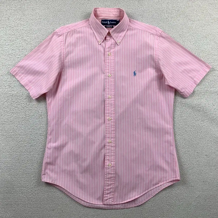 [BUNJANG] Polo Ralph Lauren Classic Fit Pink Stripe Half Shirt / 폴로 랄프로렌 포니로고 클래식핏 핑크 스트라이프 하프셔츠