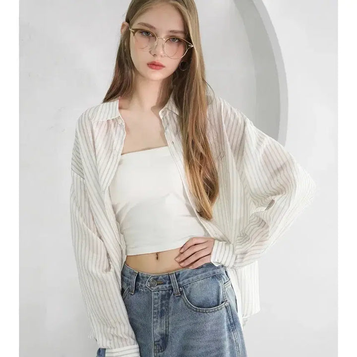 [BUNJANG] Vivacious Stripe See-through Shirt (White) / 비바셔스 스트라이프 시스루 셔츠(화이트)
