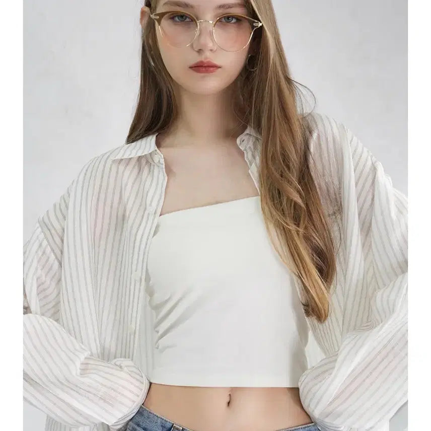 [BUNJANG] Vivacious Stripe See-through Shirt (White) / 비바셔스 스트라이프 시스루 셔츠(화이트)