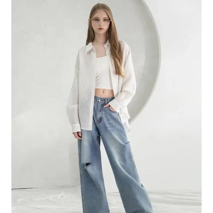 [BUNJANG] Vivacious Stripe See-through Shirt (White) / 비바셔스 스트라이프 시스루 셔츠(화이트)
