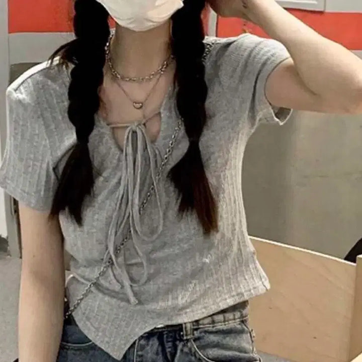 [BUNJANG] Solid Asymmetrical Short Sleeve T-Shirt / 솔리드 비대칭 반팔티셔츠