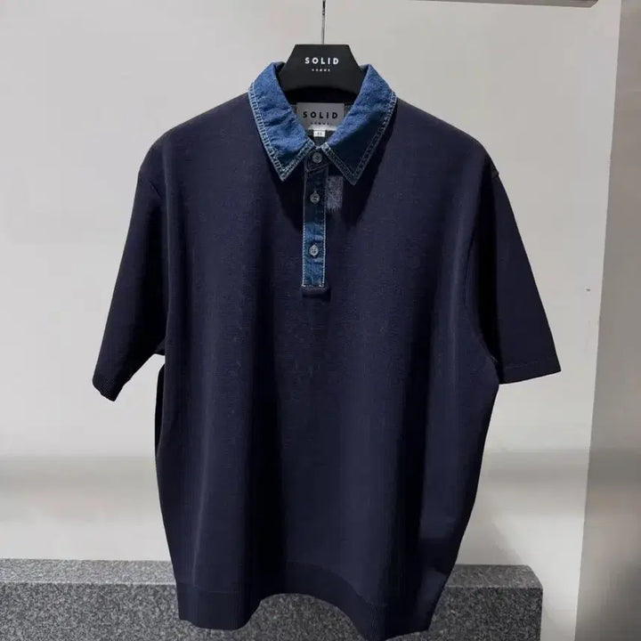 [BUNJANG] Solid Homme 26SS Navy Denim Short Sleeve Shirt / 솔리드옴므 26SS 네이비 데님 카라넥 숏슬리브