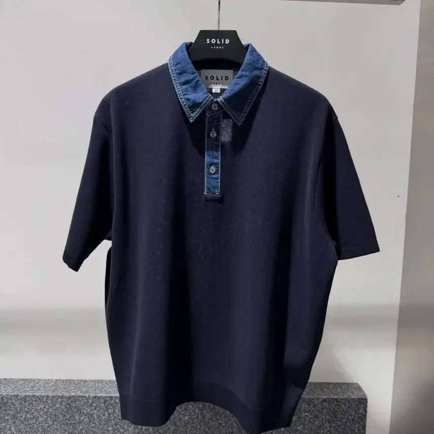 [BUNJANG] Solid Homme 26SS Navy Denim Short Sleeve Shirt / 솔리드옴므 26SS 네이비 데님 카라넥 숏슬리브