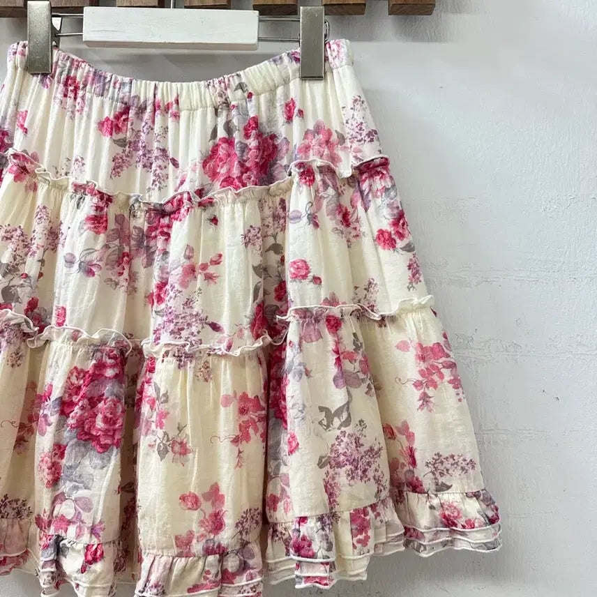 [BUNJANG] CHUXXX Floral Tiered Ruffle Skirt / 일본빈티지 CHUXXX 플로럴 티어드 캉캉 볼륨 실루엣 밴딩 스커트