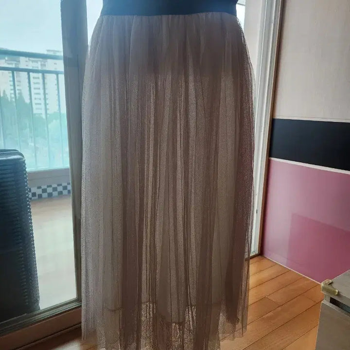 [BUNJANG] Lace Long Tulle Skirt - Beige / 레이스 롱 튤 스커트 베이지