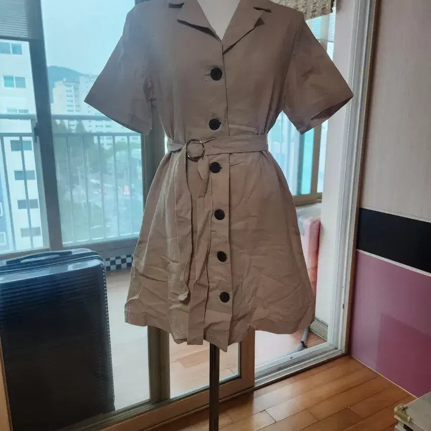[BUNJANG] Beige Ring Belt Short Sleeve Dress / 베이지 링 벨트 반팔 원피스