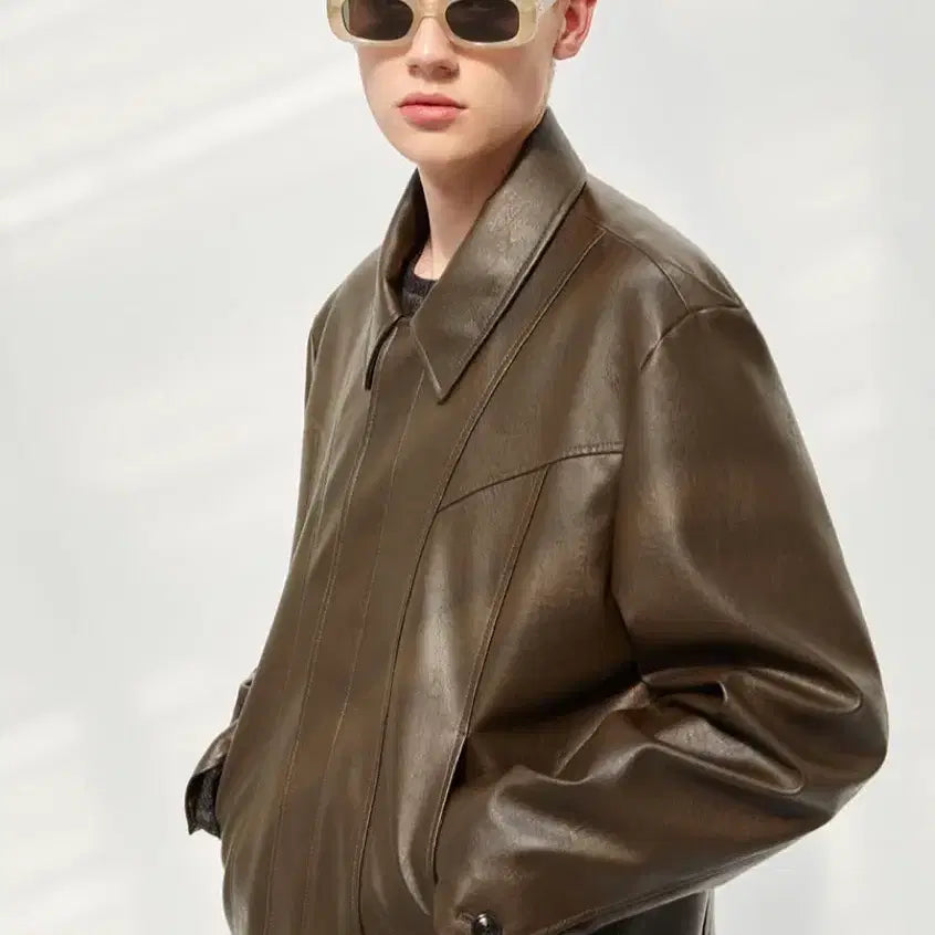 [BUNJANG] Parts Curved Leather Hidden Jacket Brown L / Parts 파츠 커브드 레더 히든자켓 브라운 L사이즈