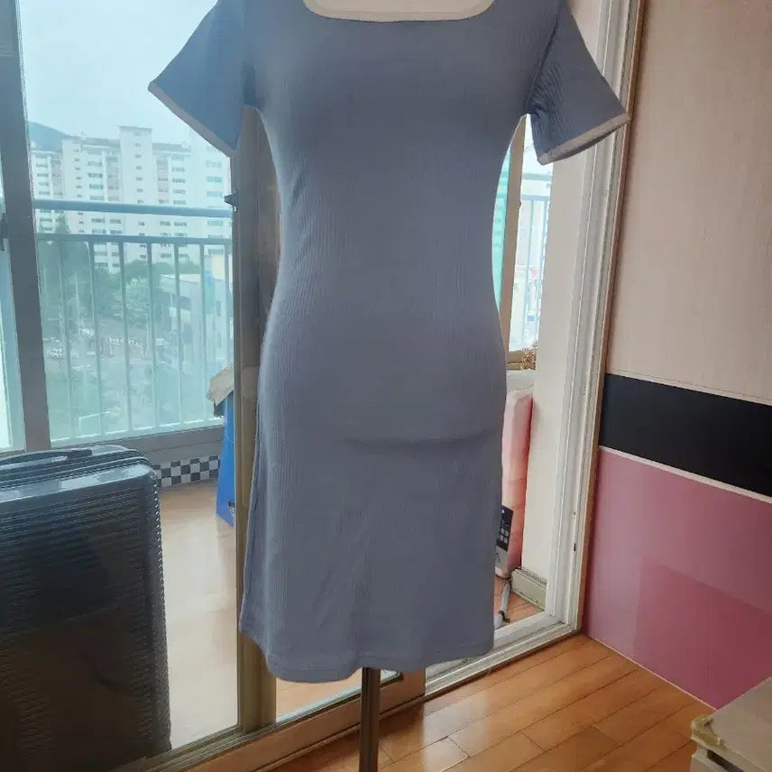[BUNJANG] Square Neck Short Sleeve Mini Dress Sky Blue / 스퀘어넥 반팔 미니 원피스 하늘색