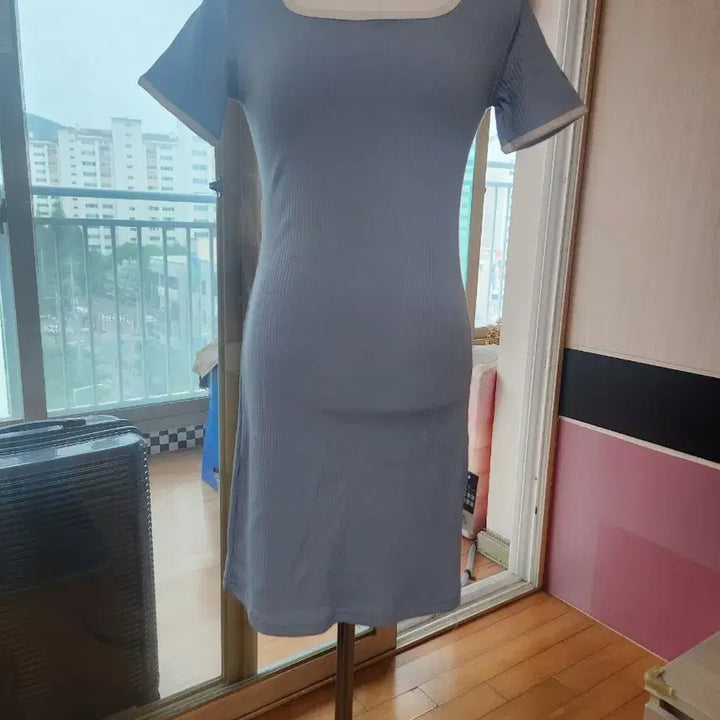 [BUNJANG] Square Neck Short Sleeve Mini Dress Sky Blue / 스퀘어넥 반팔 미니 원피스 하늘색