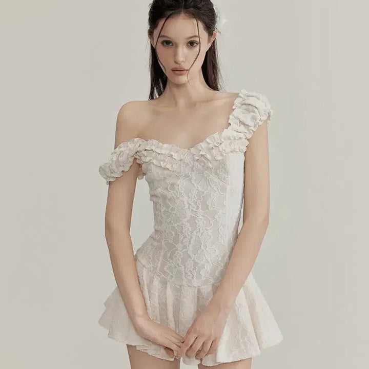 [BUNJANG] Testmechainism Jacquard Lace Frill Flare Mini Dress / Testmechainism 자카드 레이스 프릴 플레어 미니 드레스(실사O