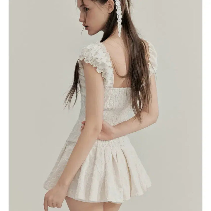 [BUNJANG] Testmechainism Jacquard Lace Frill Flare Mini Dress / Testmechainism 자카드 레이스 프릴 플레어 미니 드레스(실사O