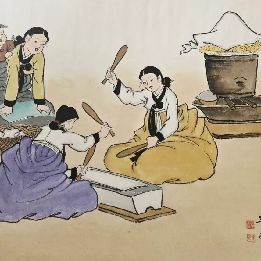 [BUNJANG] Cheongun Korean Folk Painting Original Artwork / [청운 ]작가 풍속화 원화 - 다듬이 소리가 들리는 정겨운 옛 일상