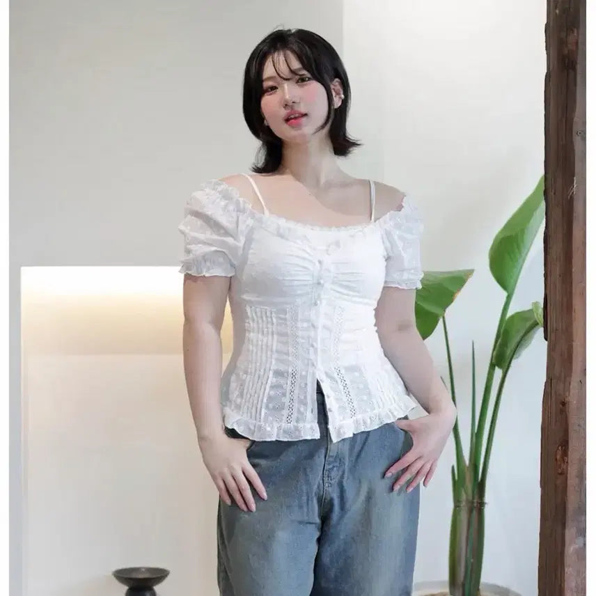 [BUNJANG] Ping Pong Puff Coco &amp; You Blouse - Oversized, Resort, Daily, Balletcore, Off-Shoulder, Short Sleeve / 핑퐁퍼프 코코앤유블라우스 빅사이즈 휴양지 데일리 발레코어 오프숄더 반팔