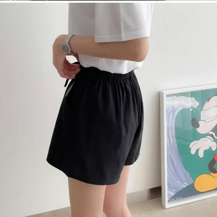 [SOLD OUT] 블랙 검정 투비 린넨 밴딩 숏 팬츠 반바지