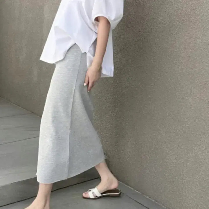 [BUNJANG] Norita Banding Slit Long Skirt Grey / 노리타 밴딩 트임 롱스커트 그레이