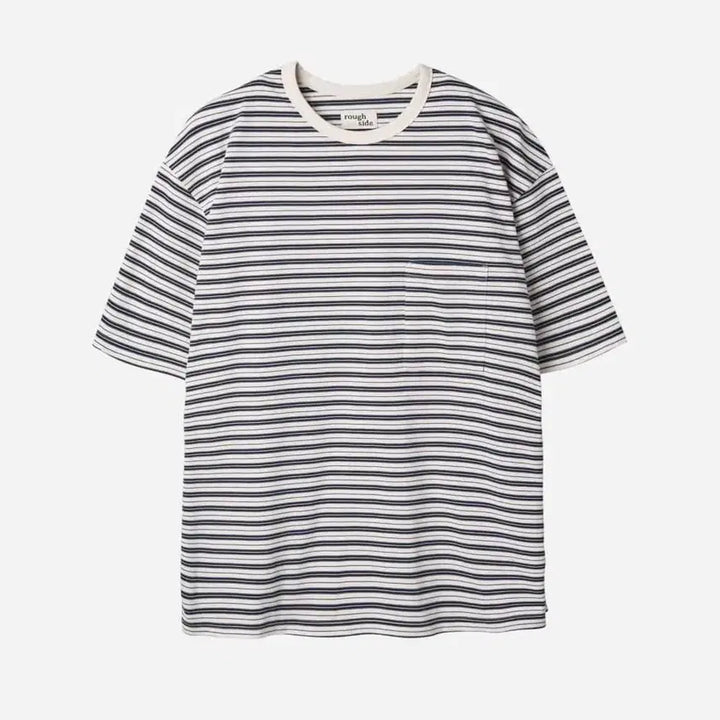 [BUNJANG] Rough Side Multi Stripe Half Sleeve T-Shirt Navy / 러프사이드 스트라이프 반팔