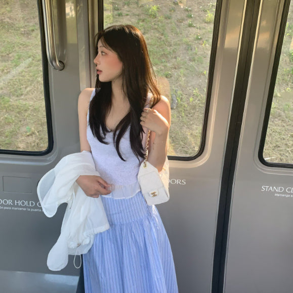 [BUNJANG] Soft Wave Stripe Long T-shirt Cloud White / Soft Wave  Stripe Blue  롱,Cloud 화이트 팝니다