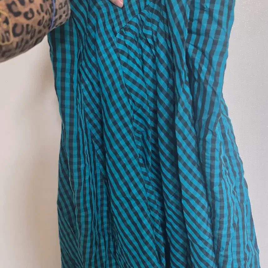 [BUNJANG] Teal and Black Plaid Long Skirt / 청록/블랙 체크무늬 롱스커트
