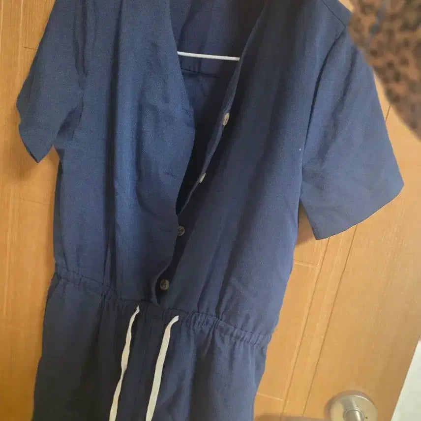 [BUNJANG] Navy Linen Short-Sleeve Romper Jumpsuit / 네이비 린넨 반팔 롬퍼 점프수트