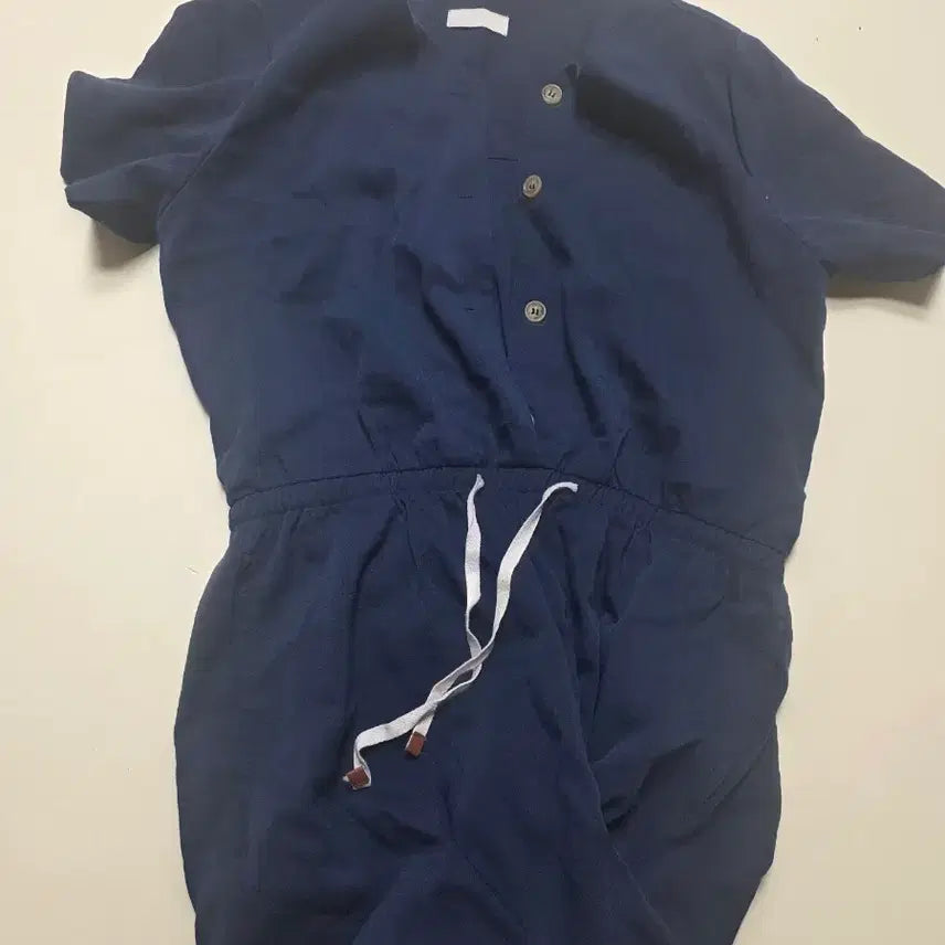 [BUNJANG] Navy Linen Short-Sleeve Romper Jumpsuit / 네이비 린넨 반팔 롬퍼 점프수트