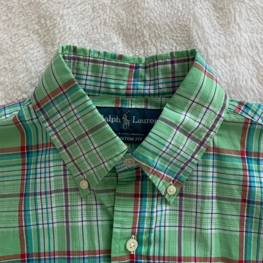 [BUNJANG] Polo Ralph Lauren Custom Fit Checkered Shirt - Green, Size S (New with Minor Stains) / 폴로 랄프로렌 커스텀핏 체크 셔츠 [새상품]