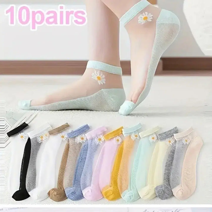 [BUNJANG] Daisy Embroidered See-Through Socks 10-Pair Set / 데이지 꽃 자수 시스루 양말 10켤레(새상품)
