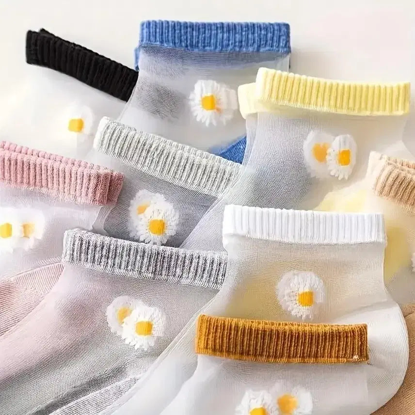 [BUNJANG] Daisy Embroidered See-Through Socks 10-Pair Set / 데이지 꽃 자수 시스루 양말 10켤레(새상품)