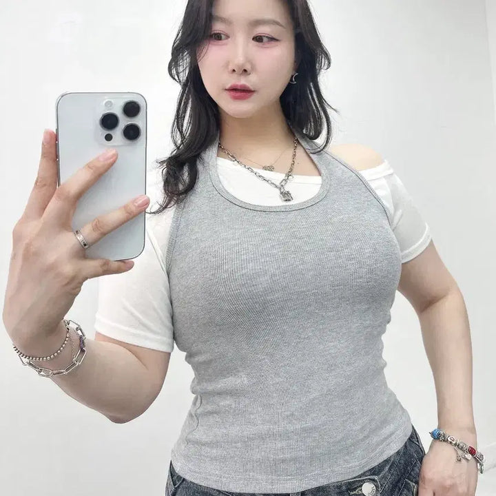 [BUNJANG] New Layered Holder Neck Sleeveless T-Shirt / 새상품 빅 홀더넥 레이어드 나시 티셔츠 빅사이즈 가능 55-77