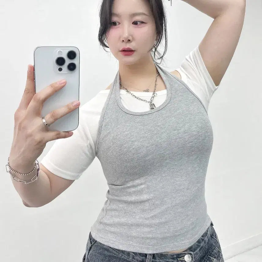[BUNJANG] New Layered Holder Neck Sleeveless T-Shirt / 새상품 빅 홀더넥 레이어드 나시 티셔츠 빅사이즈 가능 55-77