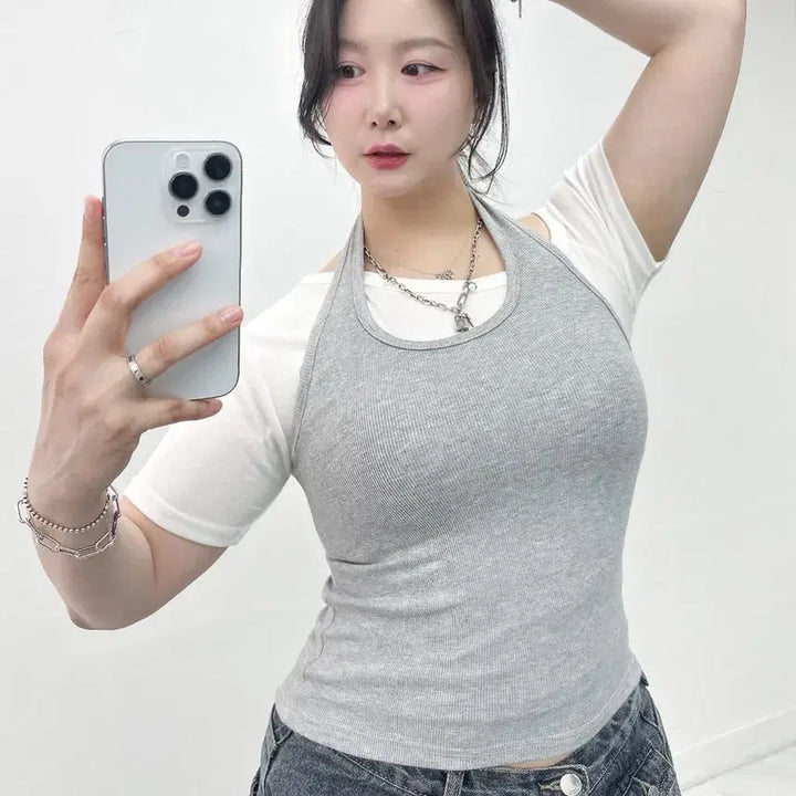 [BUNJANG] New Layered Holder Neck Sleeveless T-Shirt / 새상품 빅 홀더넥 레이어드 나시 티셔츠 빅사이즈 가능 55-77