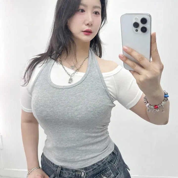 [BUNJANG] New Layered Holder Neck Sleeveless T-Shirt / 새상품 빅 홀더넥 레이어드 나시 티셔츠 빅사이즈 가능 55-77
