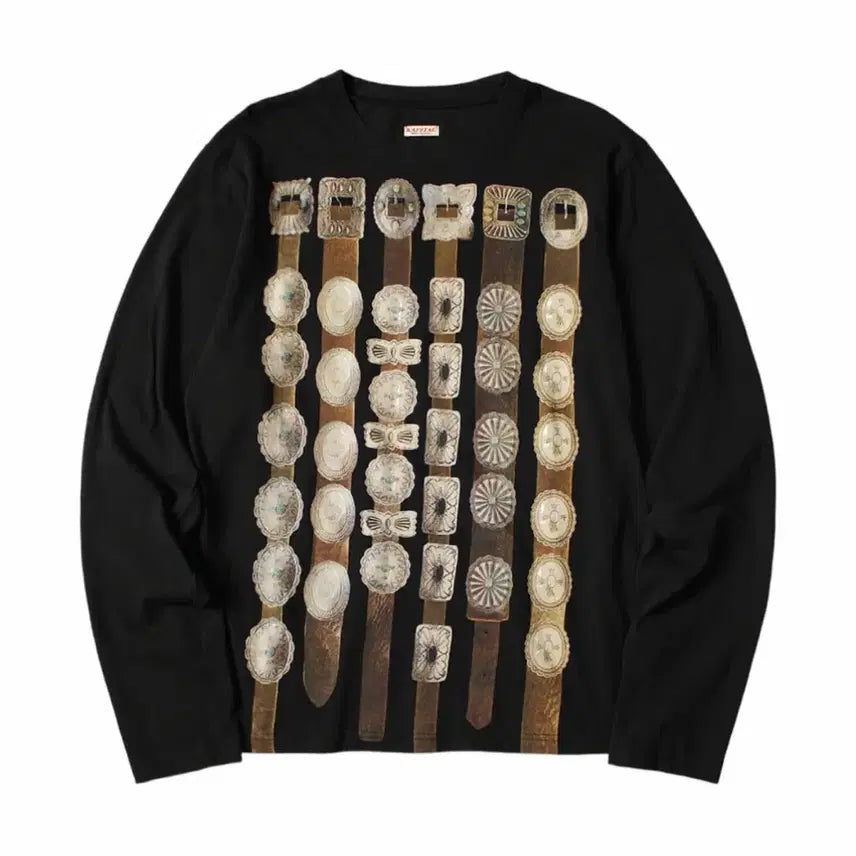 [BUNJANG] Capital Curtain Concho Belt Print Jersey Crewneck Long Sleeve Black / 캐피탈 20 커튼 콘초 벨트 프린트 저지 크루 맨투맨 롱 슬리브 블랙