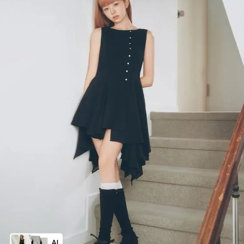 [BUNJANG] Miseki Seoul Unbalanced Flow One Piece Dress Black / 미세키서울 Unbalanced flow one piece black 1