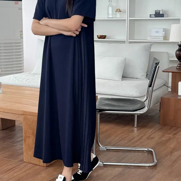 [BUNJANG] Side Pleated Long Dress Navy Plus Size (Up to 77) / 새상품 사이드 플리츠 롱 원피스 네이비 빅사이즈 임부복 가능 77까지