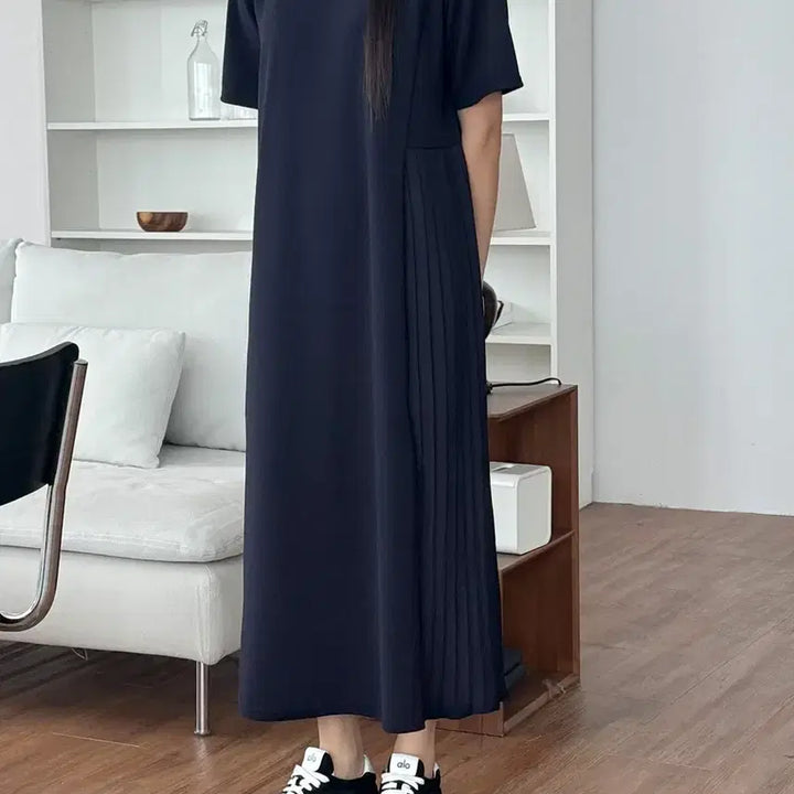 [BUNJANG] Side Pleated Long Dress Navy Plus Size (Up to 77) / 새상품 사이드 플리츠 롱 원피스 네이비 빅사이즈 임부복 가능 77까지