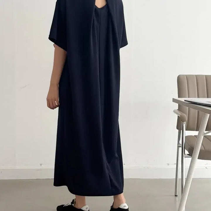[BUNJANG] Navy Back Slit Detail Short Sleeve Long Dress (Size 55-77) / 새상품 네이비 뒤트임 포인트 반팔 롱 원피스 빅사이즈 가능 55-77