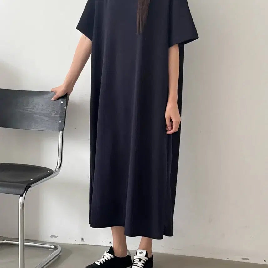 [BUNJANG] Navy Back Slit Detail Short Sleeve Long Dress (Size 55-77) / 새상품 네이비 뒤트임 포인트 반팔 롱 원피스 빅사이즈 가능 55-77