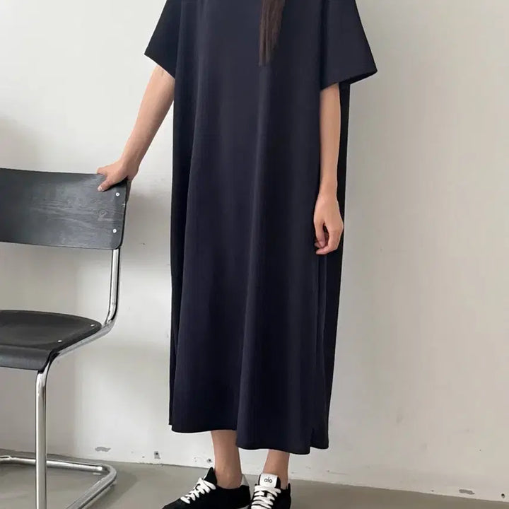 [BUNJANG] Navy Back Slit Detail Short Sleeve Long Dress (Size 55-77) / 새상품 네이비 뒤트임 포인트 반팔 롱 원피스 빅사이즈 가능 55-77