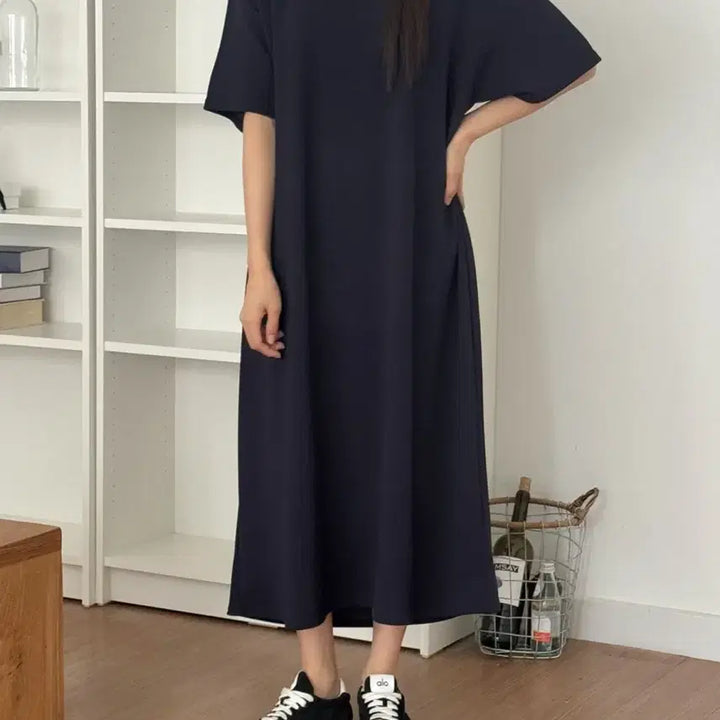 [BUNJANG] Navy Back Slit Detail Short Sleeve Long Dress (Size 55-77) / 새상품 네이비 뒤트임 포인트 반팔 롱 원피스 빅사이즈 가능 55-77