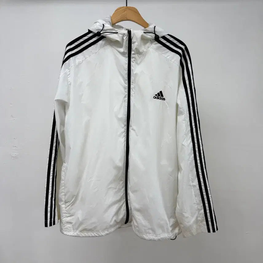 [BUNJANG] Adidas 3-Stripe Hooded Windbreaker Jacket 2XL White / 아디다스 바람막이 2XL 화이트 3선 후드 빅사이즈 JS48