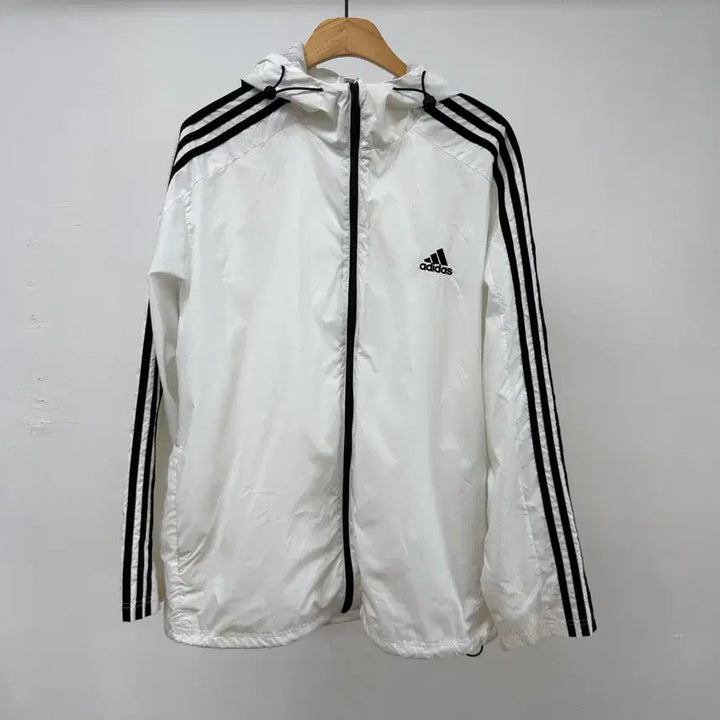 [BUNJANG] Adidas 3-Stripe Hooded Windbreaker Jacket 2XL White / 아디다스 바람막이 2XL 화이트 3선 후드 빅사이즈 JS48