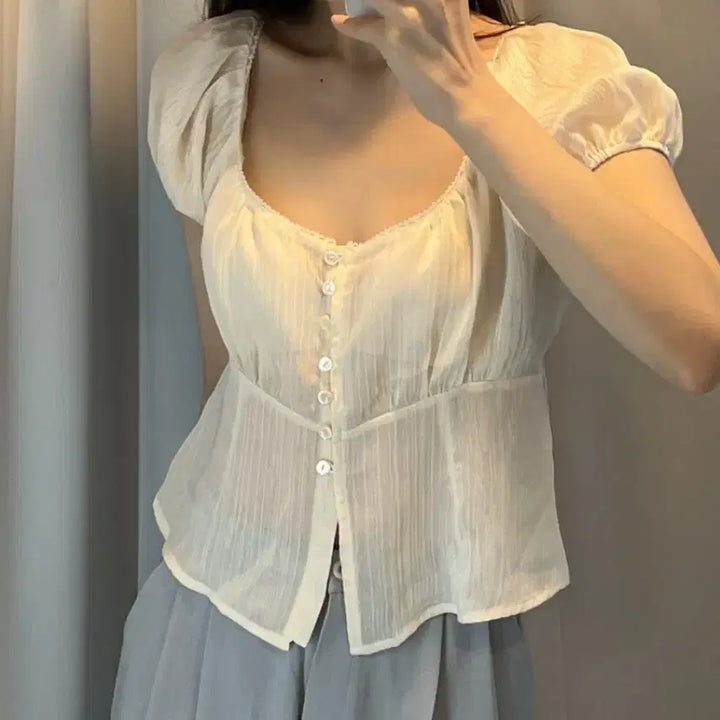 [BUNJANG] Riette Julie Shirring Crop Short Sleeve Puff Blouse / riette 리에뜨 줄리 블라우스 셔링 크롭 반팔 퍼프 크롭