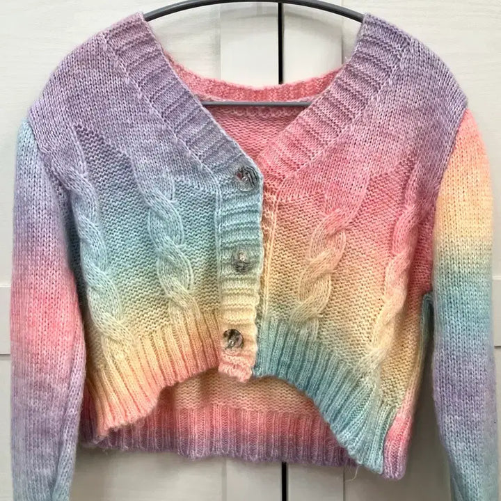 [BUNJANG] Pastel Rainbow Cable Knit V-Neck Crop Cardigan / 파스텔톤 뽀용뽀용 무지개 꽈배기 니트 크롭 브이넥 봄 가디건
