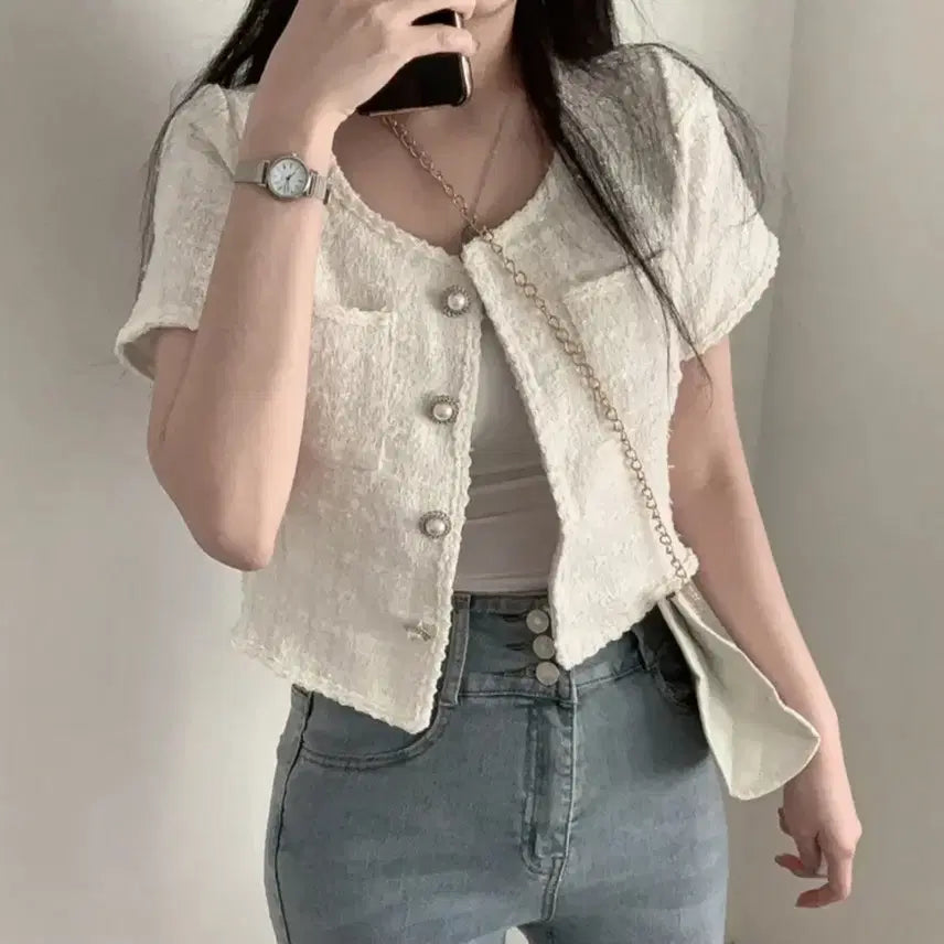 [BUNJANG] Ivory Pearl Tweed Jacket / 아이보리 진주 펄 트위드 자켓