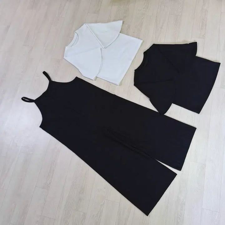 [BUNJANG] Layered Wide Pants and Wrinkled T-shirt Set / 코디세트) 점프수트 꾸안꾸패션 여성옷  레이어드와이드팬츠 링클티셔츠