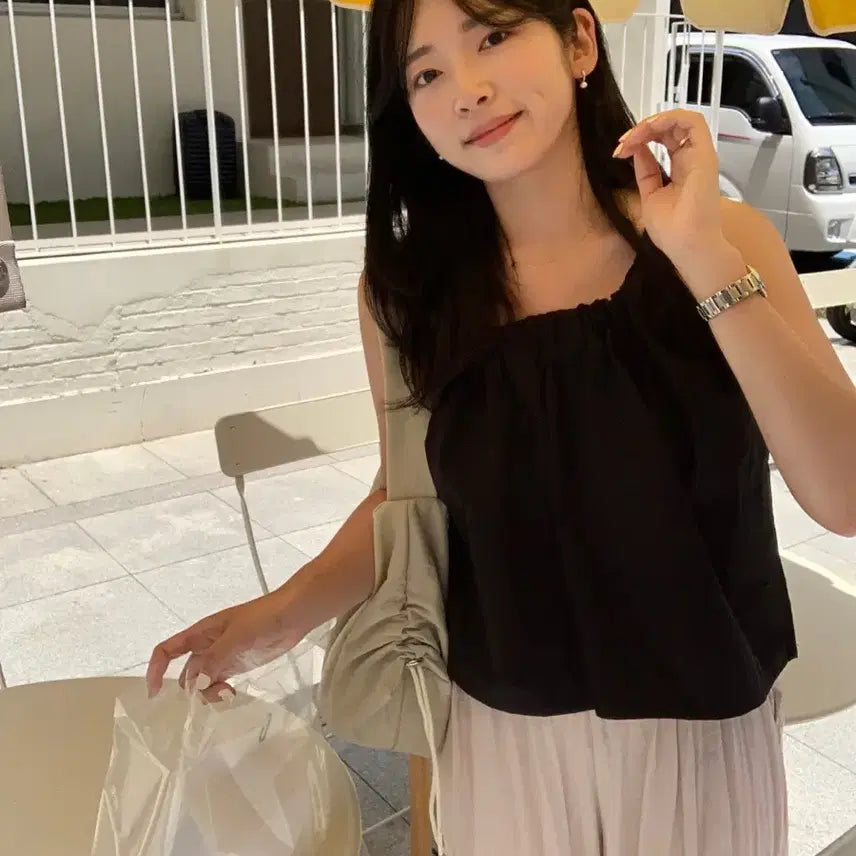 [BUNJANG] Flowing Boat String Blouse Black / 플로우링 보트 스트링 블라우스
